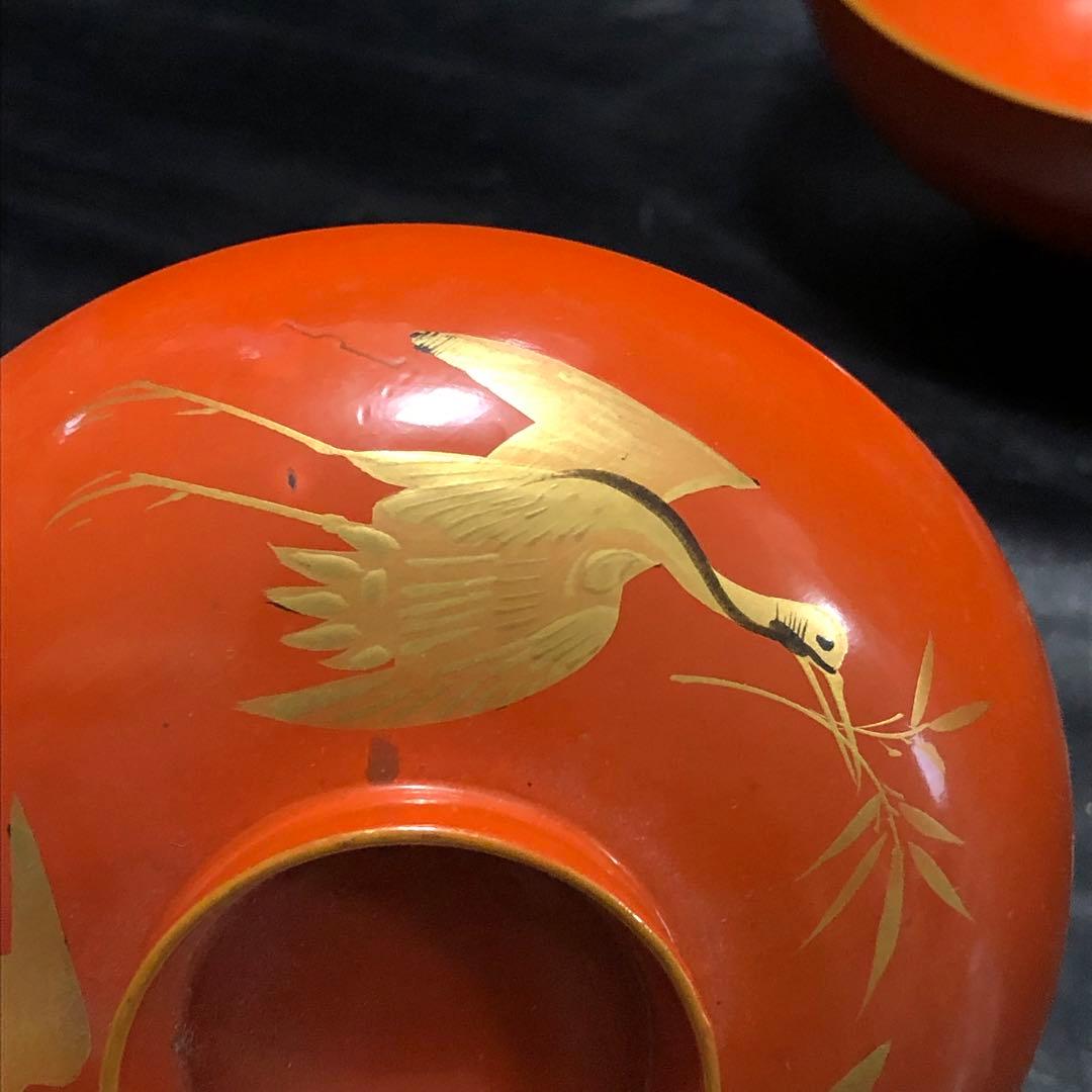 古美術品◆蔵から縁起の良い3羽の鶴が松、竹、梅の華を咥えて優雅に飛ぶ漆塗りのお椀