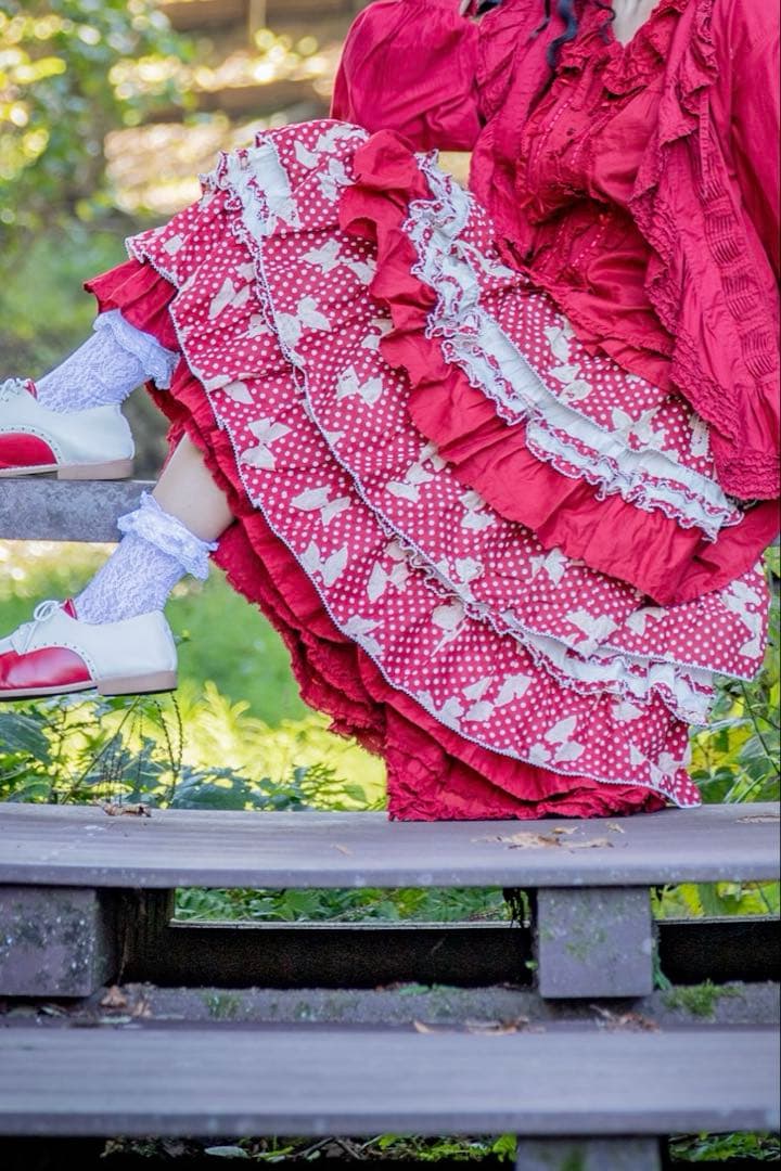 水玉りぼんプリントパッチワークスカート