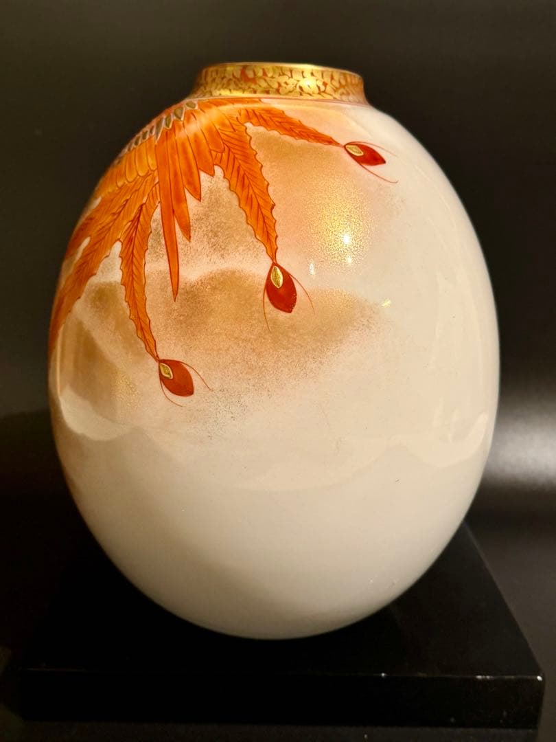 【美品】九谷焼 伝統工芸士 福田良則作『金彩赤絵鳳凰紋』花瓶 壺 昇竜窯