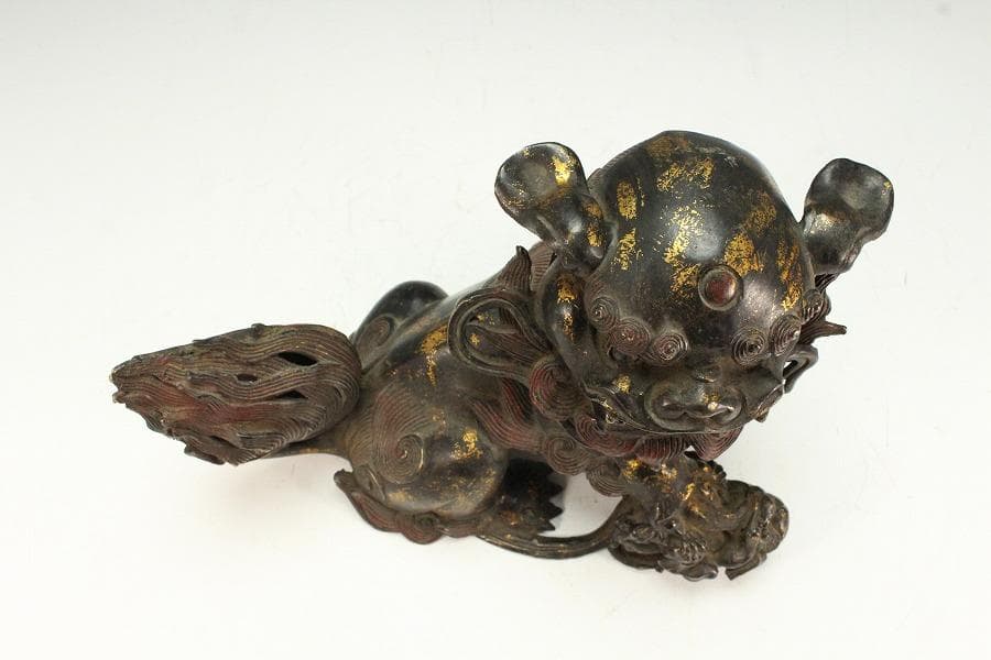 色絵銅 親子獅子 置物 24.5cmx14cm 時代物(K-XA771)