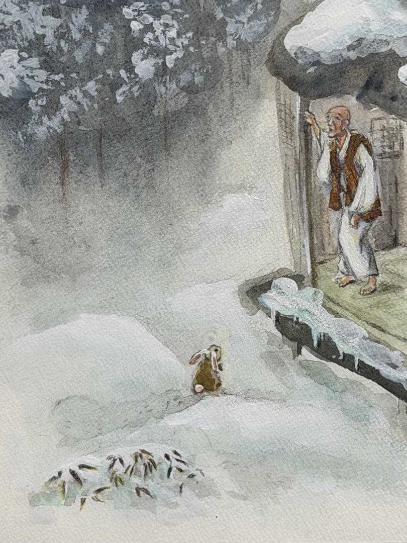 良寛画家渡邊守峯の肉筆希少、良寛雪景、越後五合庵で厳冬を迎える良寛の哀歌