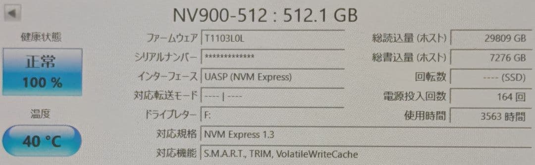 512GB M.2 NVMe SSD NV900 ヒートシンク付き 正常