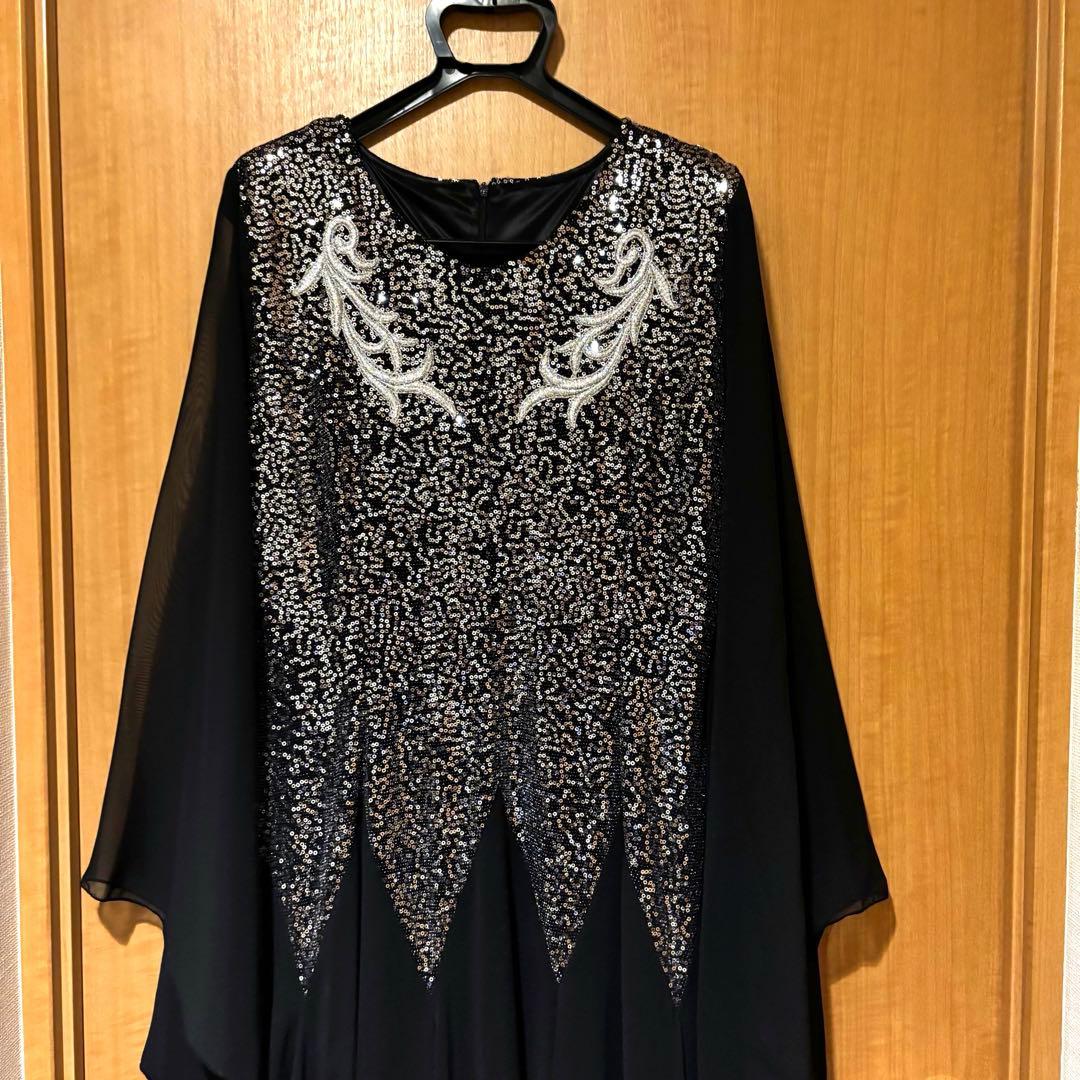 スパンコール刺繍付き ブラック ロングドレス カラオケ衣装 シフォン生地