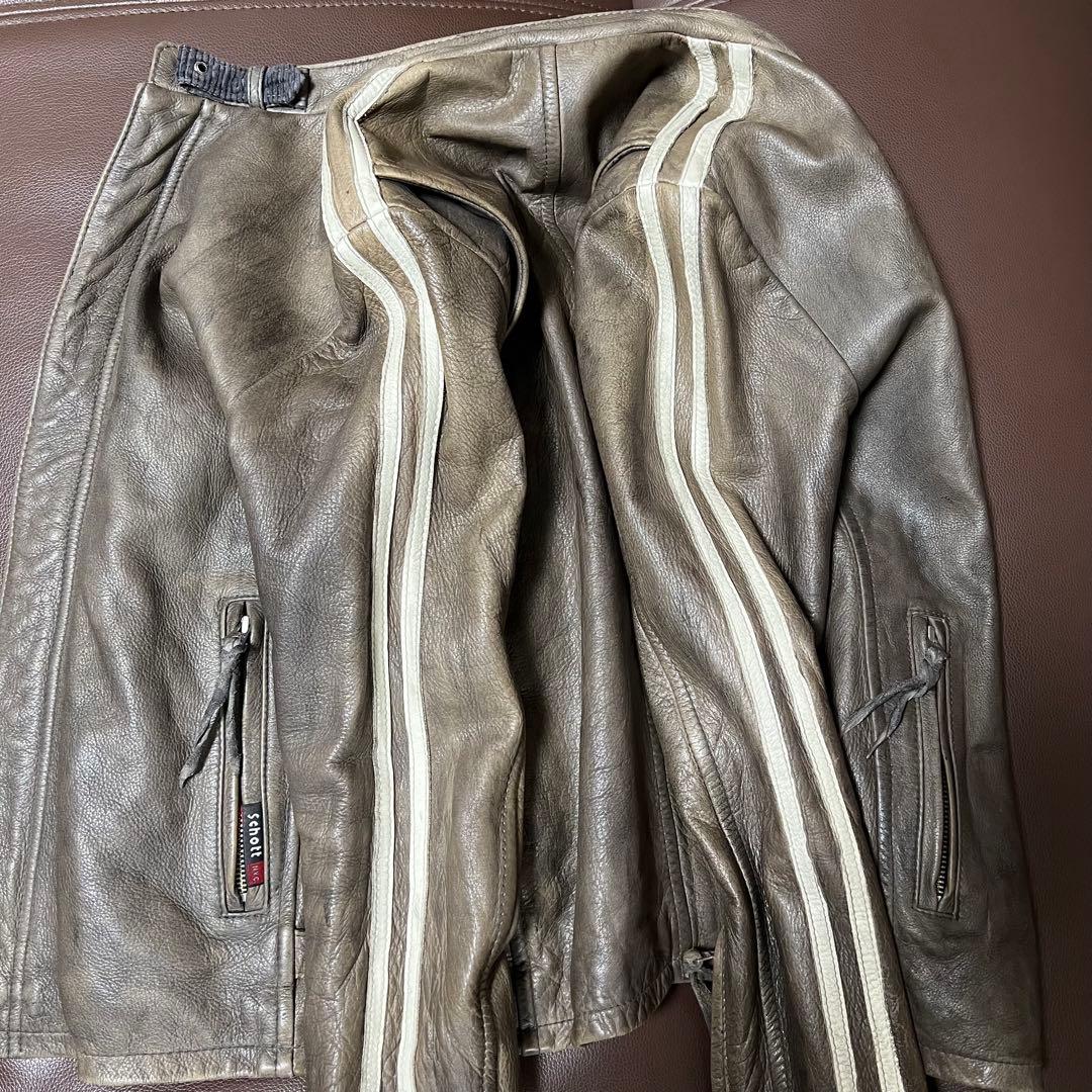 Schottクラッシックレーサー　シングルライダース　カーキ　袖白2本線　牛革S