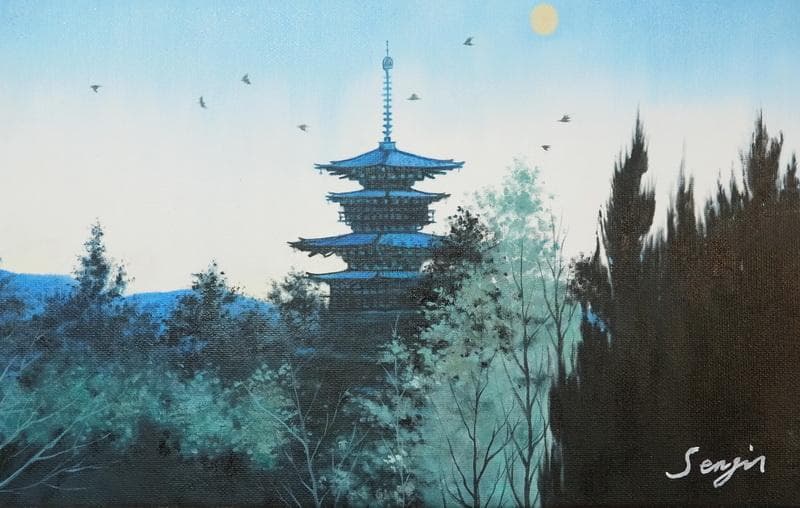 油絵　額付き　千住博　 【薬師寺 朝の譜】手描き　M10