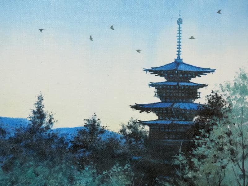 油絵　額付き　千住博　 【薬師寺 朝の譜】手描き　M10