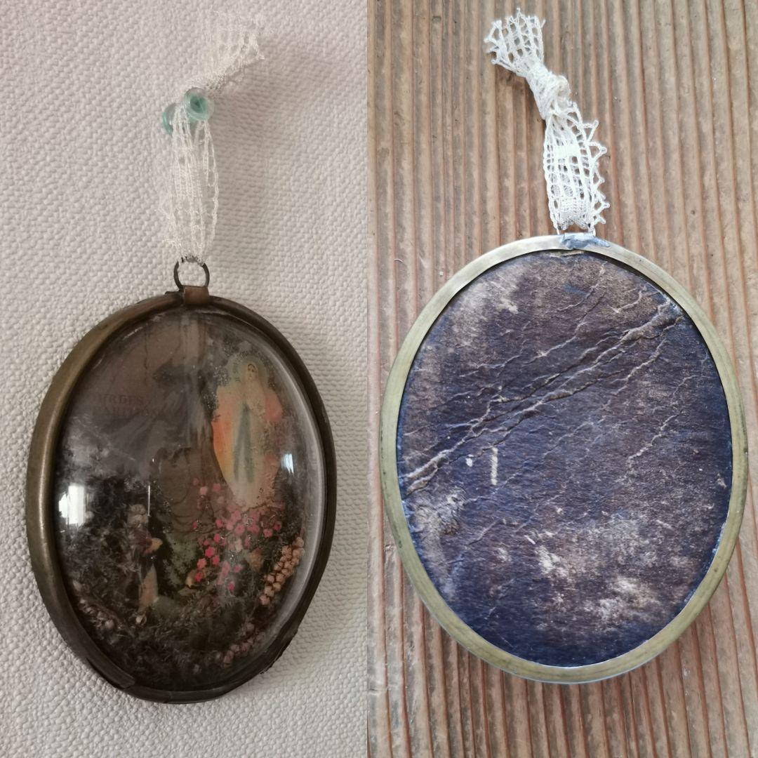 アンティーク ルルドのマリア 真鍮ガラスドームフレーム イコン ドライフラワー飾