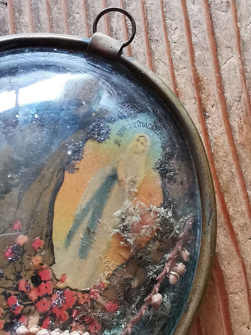 アンティーク ルルドのマリア 真鍮ガラスドームフレーム イコン ドライフラワー飾