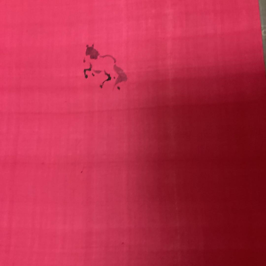 中国画　　肉筆画　【　通玄仙人瓢箪から駒之図　】　朱の絹本下地に水墨　381