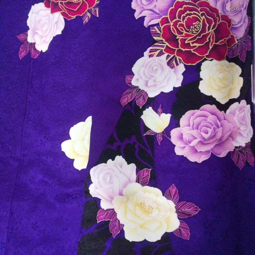 まいちー 紫黒薔薇正絹振袖一式フルセット袋帯帯締め帯揚げ 半襟重ね襟成人式