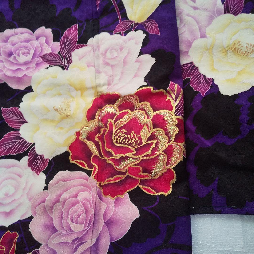 まいちー 紫黒薔薇正絹振袖一式フルセット袋帯帯締め帯揚げ 半襟重ね襟成人式
