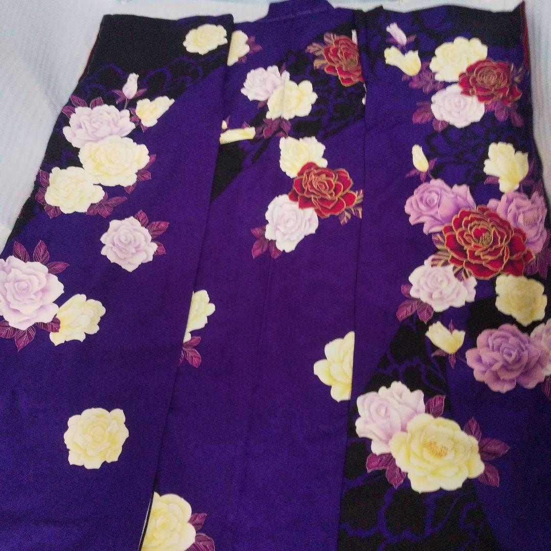 まいちー 紫黒薔薇正絹振袖一式フルセット袋帯帯締め帯揚げ 半襟重ね襟成人式