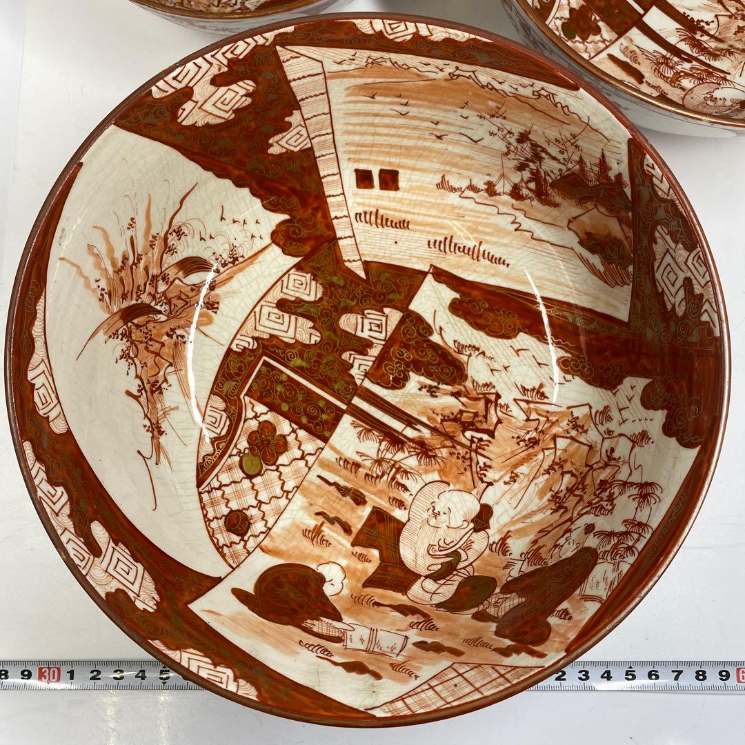 明治初期　九谷焼赤絵三ツ鉢　木箱付　東Y7-0404②トヒチサ