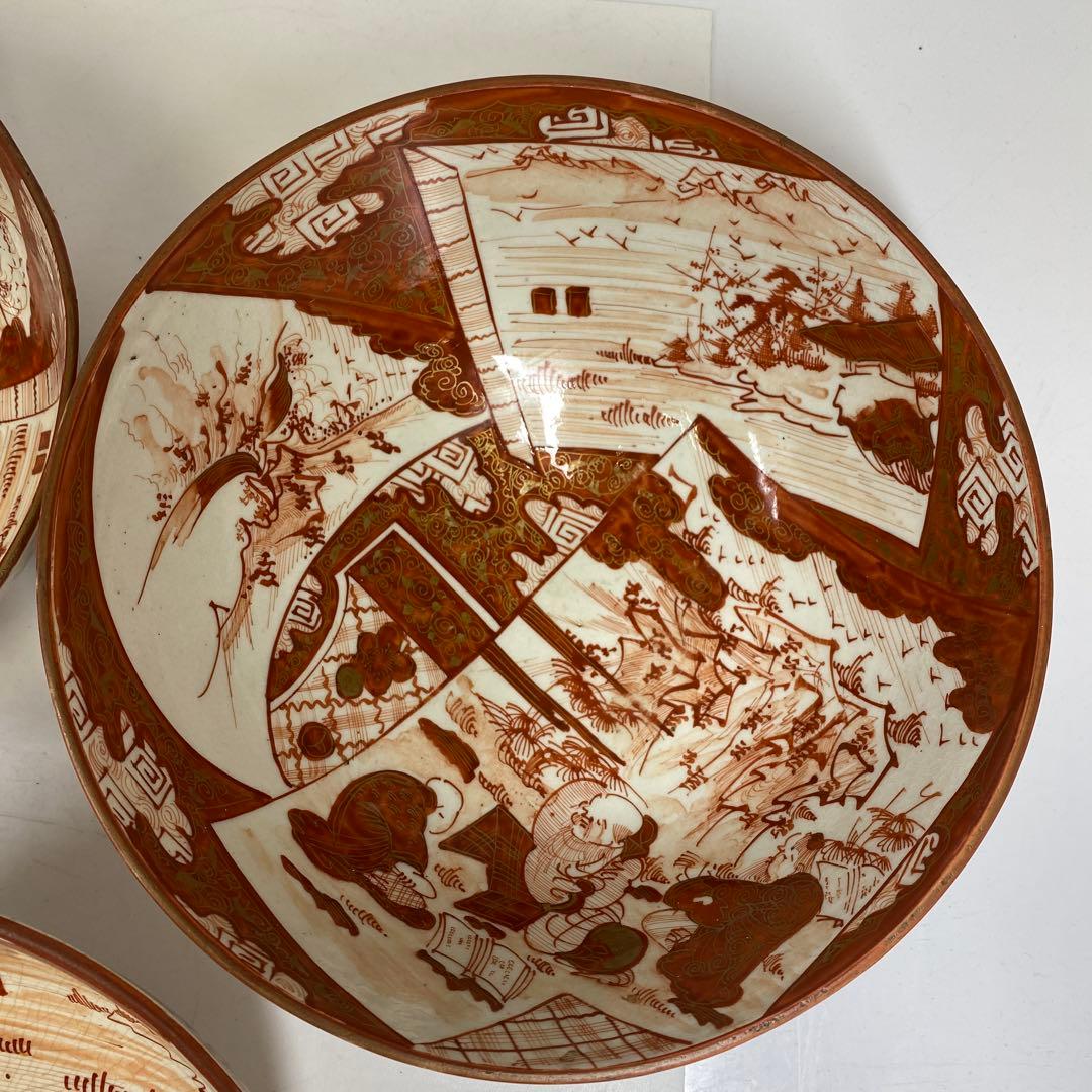 明治初期　九谷焼赤絵三ツ鉢　木箱付　東Y7-0404②トヒチサ