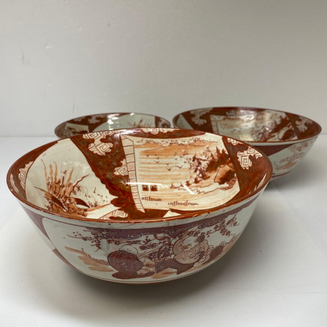 明治初期　九谷焼赤絵三ツ鉢　木箱付　東Y7-0404②トヒチサ