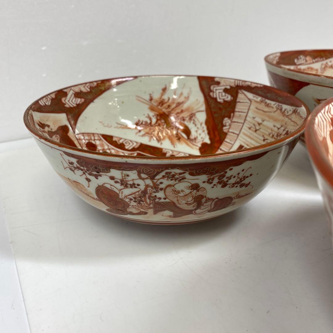 明治初期　九谷焼赤絵三ツ鉢　木箱付　東Y7-0404②トヒチサ