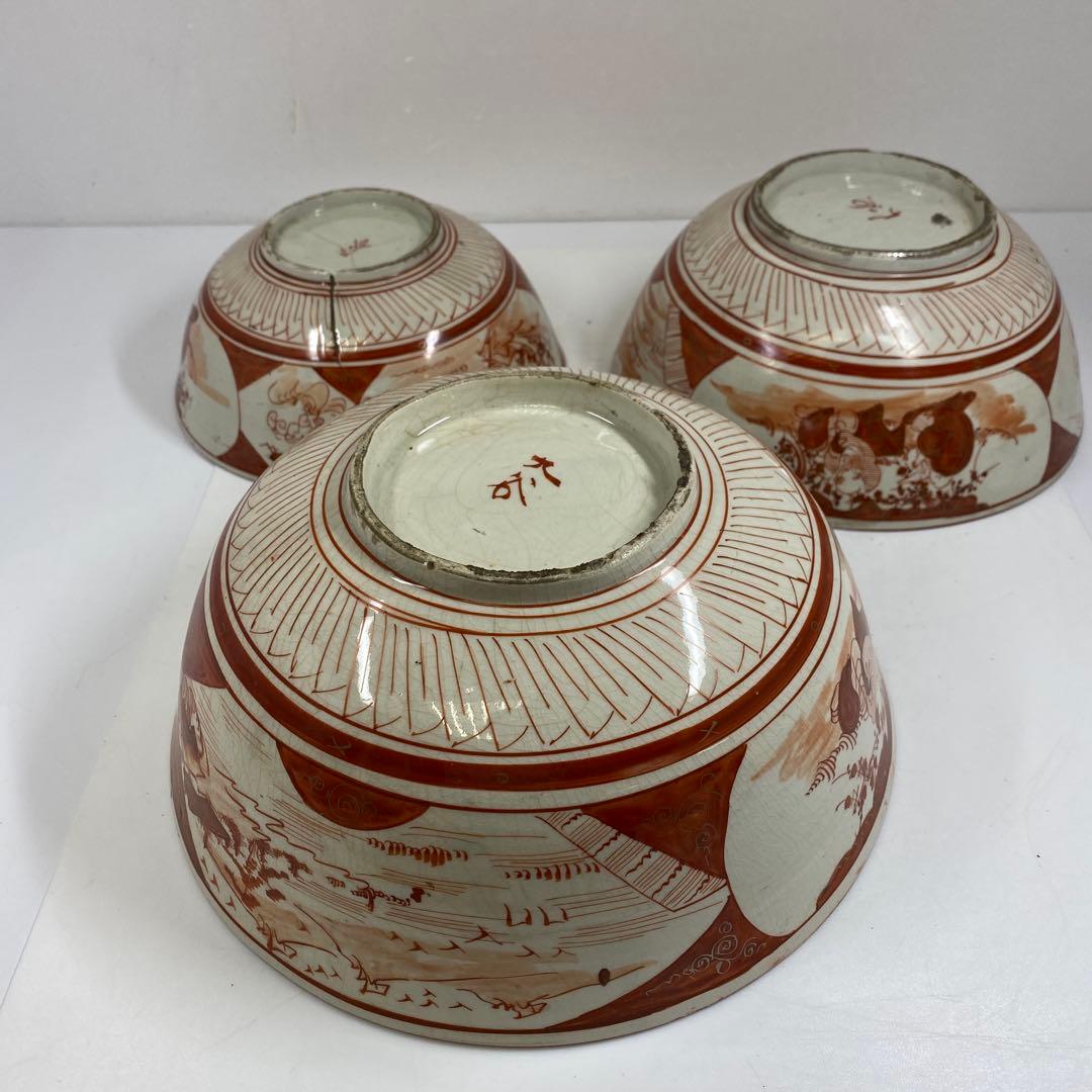 明治初期　九谷焼赤絵三ツ鉢　木箱付　東Y7-0404②トヒチサ