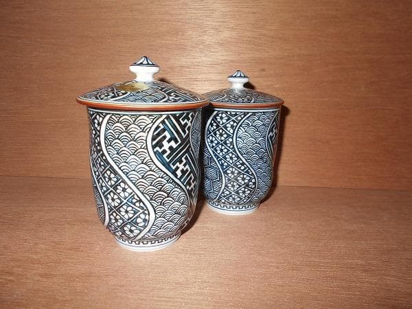 京焼　清水焼　捻彫小紋　湯呑　平安　光泉　:　夫婦湯呑　組湯呑　蓋付湯呑