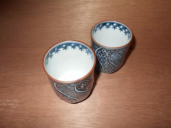 京焼　清水焼　捻彫小紋　湯呑　平安　光泉　:　夫婦湯呑　組湯呑　蓋付湯呑