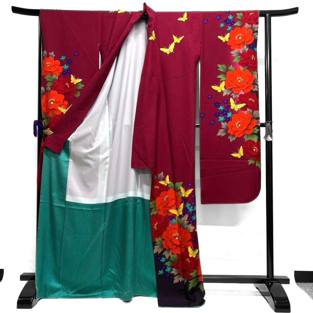 振袖　金彩　牡丹　花模様　蝶　ワインレッド　成人式 晴れの日 着物 052a p