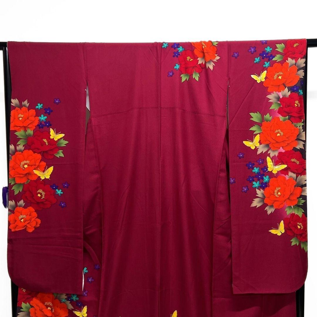 振袖　金彩　牡丹　花模様　蝶　ワインレッド　成人式 晴れの日 着物 052a p