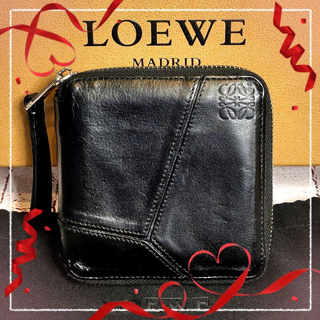 【美品】ロエベ 二つ折財布 パズル コンパクトジップウォレット アナグラム／黒A