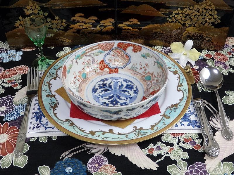 古伊万里　色絵 　窓絵　双葉葵に源氏香　竹垣に松の図　深鉢　D286AS-CEp