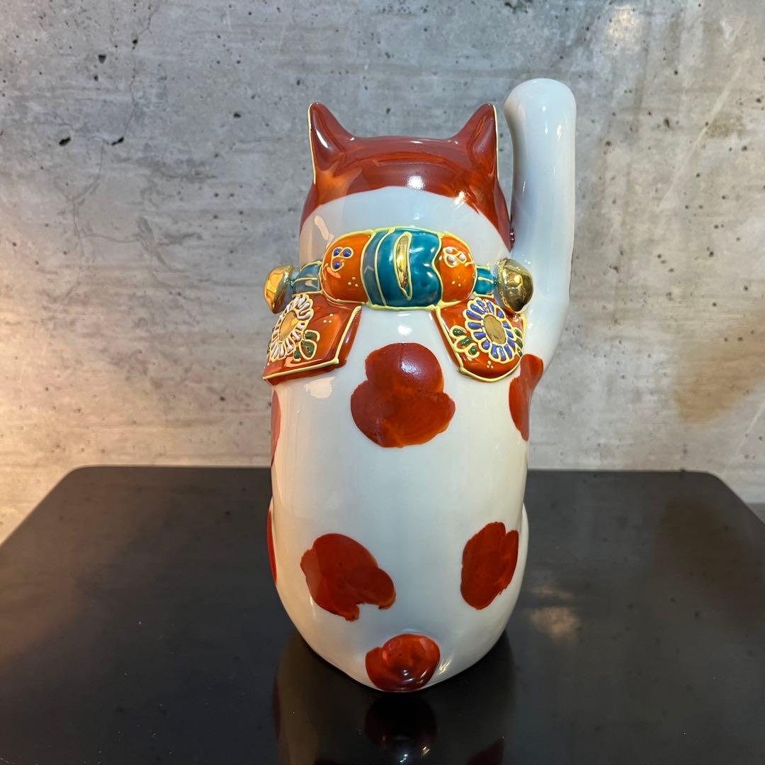 新品未使用　九谷焼　九谷焼招き猫赤ぶち　招き猫　猫　縁起もの