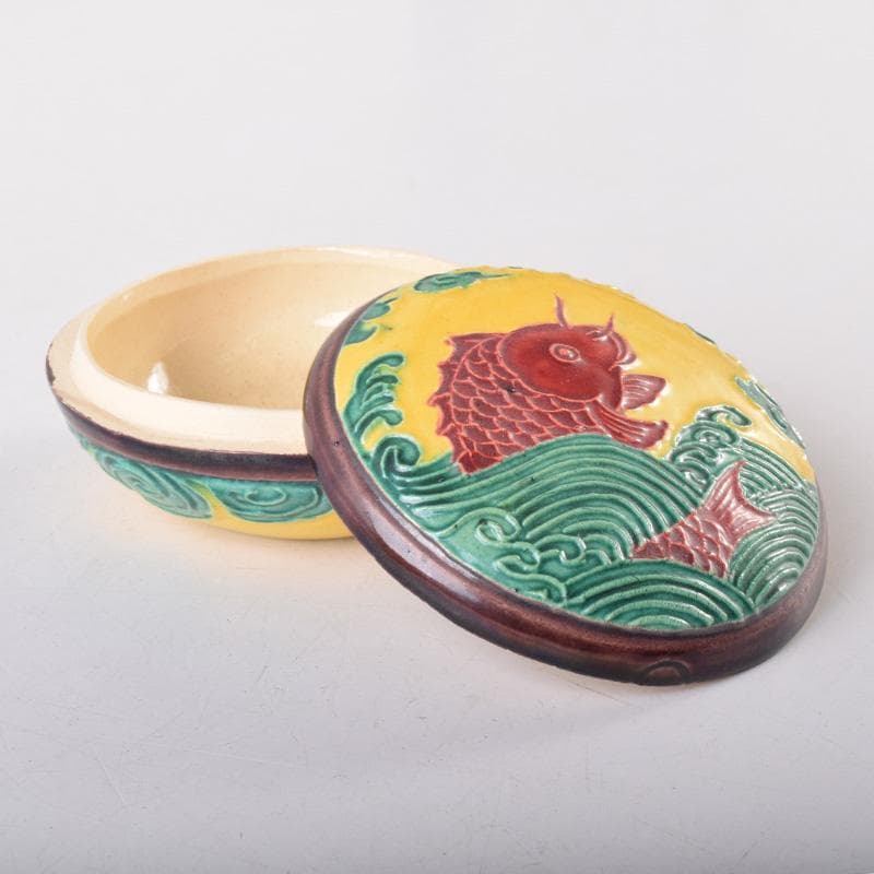 茶道具　交趾焼　佐久間芳丘作　魚波文　荒磯香合　共箱　V　8148