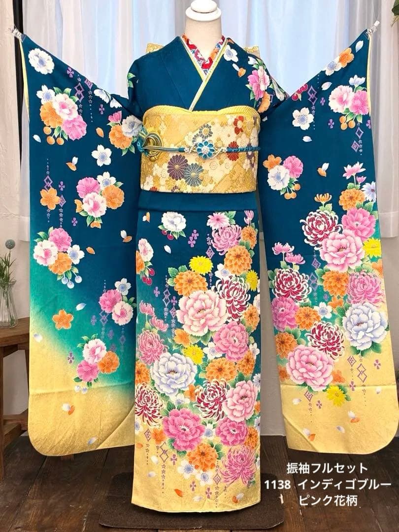 成人式　振袖フルセット　1138 渋み青色　　正絹　振袖　格安！