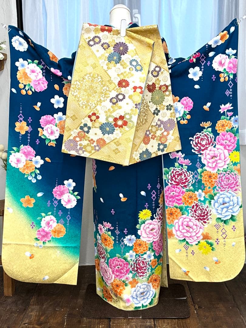 成人式　振袖フルセット　1138 渋み青色　　正絹　振袖　格安！