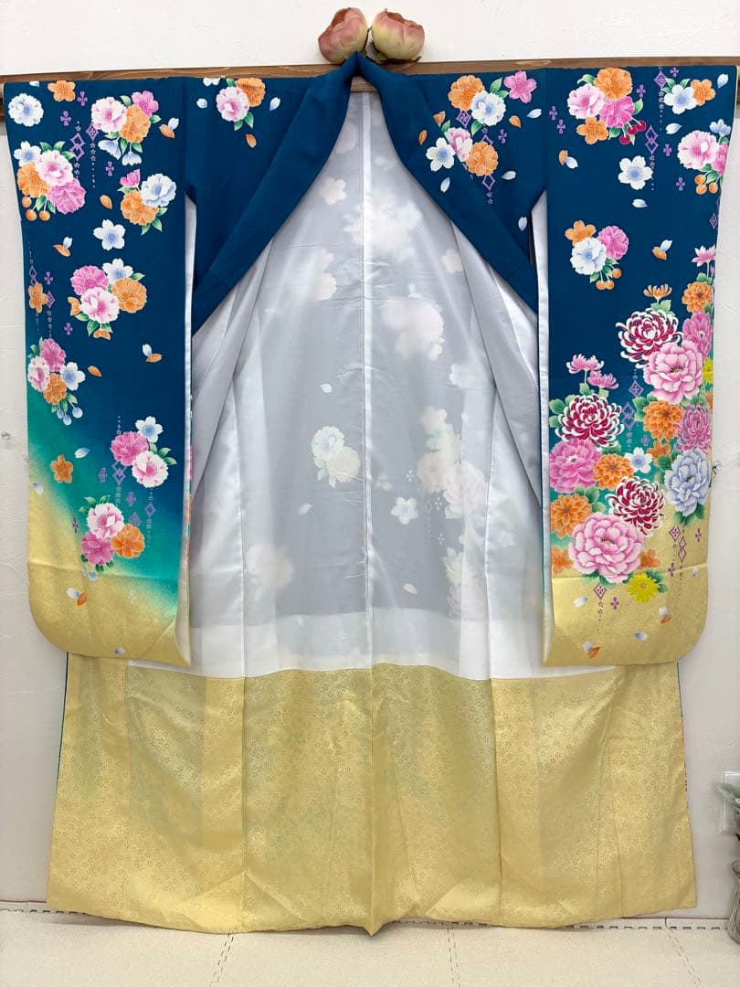 成人式　振袖フルセット　1138 渋み青色　　正絹　振袖　格安！