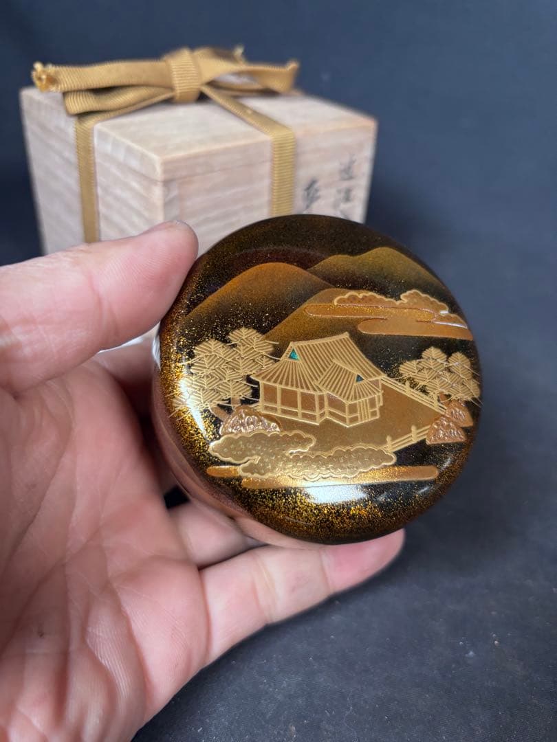 送料無料　近江八景　平棗　金蒔絵　輪島塗　名工　福久清一　在銘　蒔絵　漆器茶道具