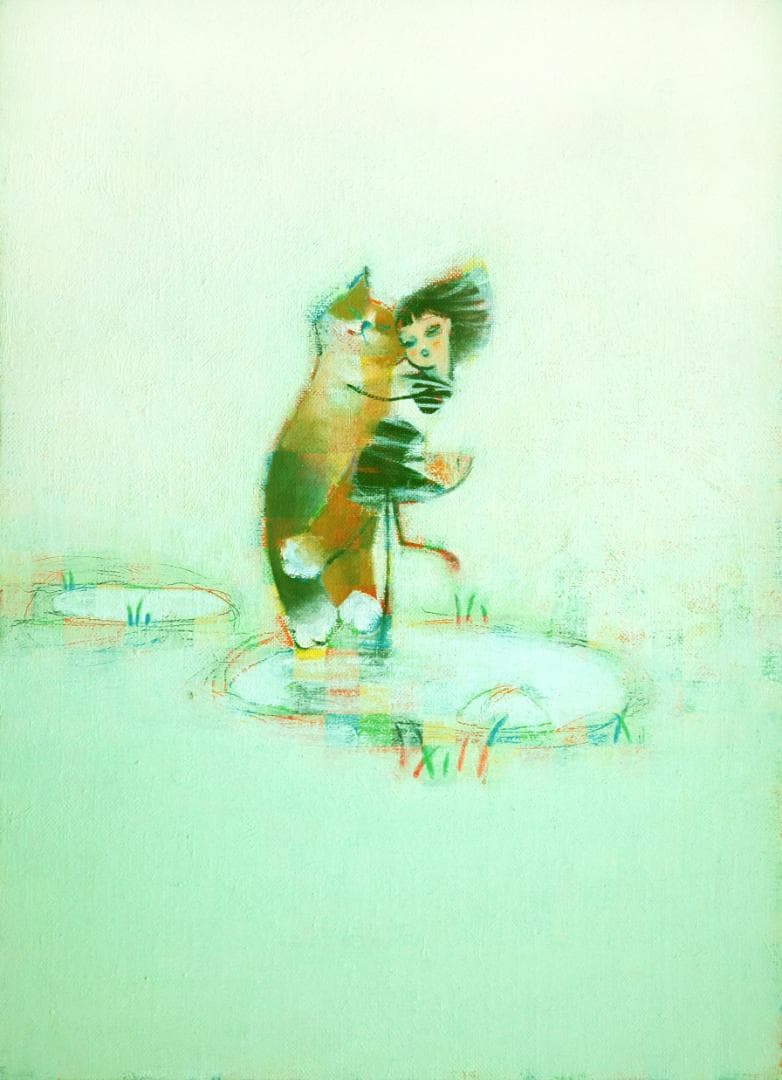 油絵 菅家令子絵 絵画インテリア額付(青緑＋金色の枠)F4-072719猫女の子