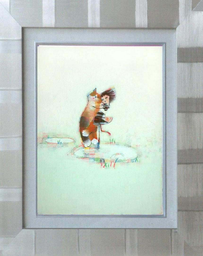 油絵 菅家令子絵 絵画インテリア額付(青緑＋金色の枠)F4-072719猫女の子