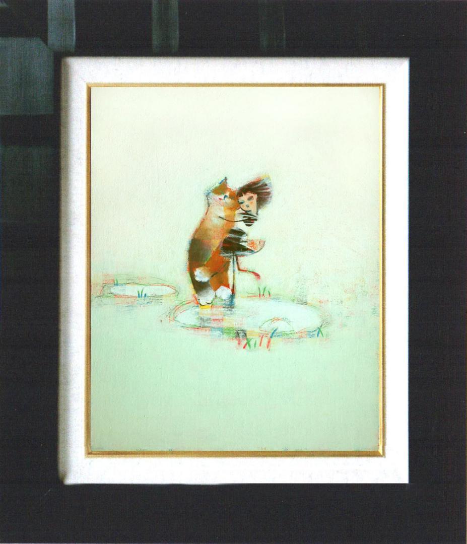 油絵 菅家令子絵 絵画インテリア額付(青緑＋金色の枠)F4-072719猫女の子