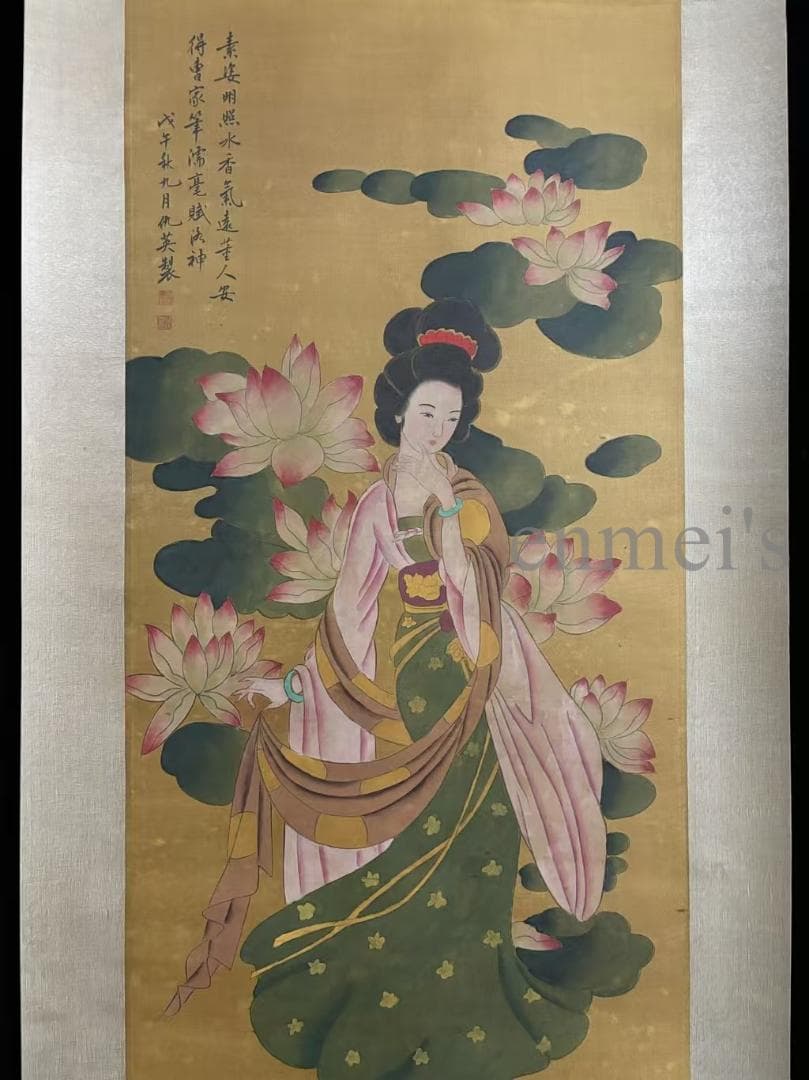 中国古美術 明時代 仇英作款 仕女図 三尺 絹本 掛け軸 巻き物 書画 唐物