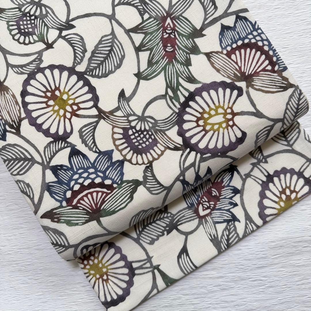 m-81 本場結城紬 紅型 正絹 袋帯 証紙付き