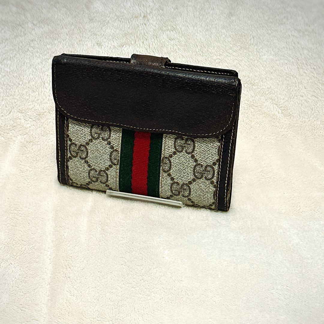 希少 オールドグッチ 二つ折り財布 シェリーライン GGスプリーム アクセコ 茶