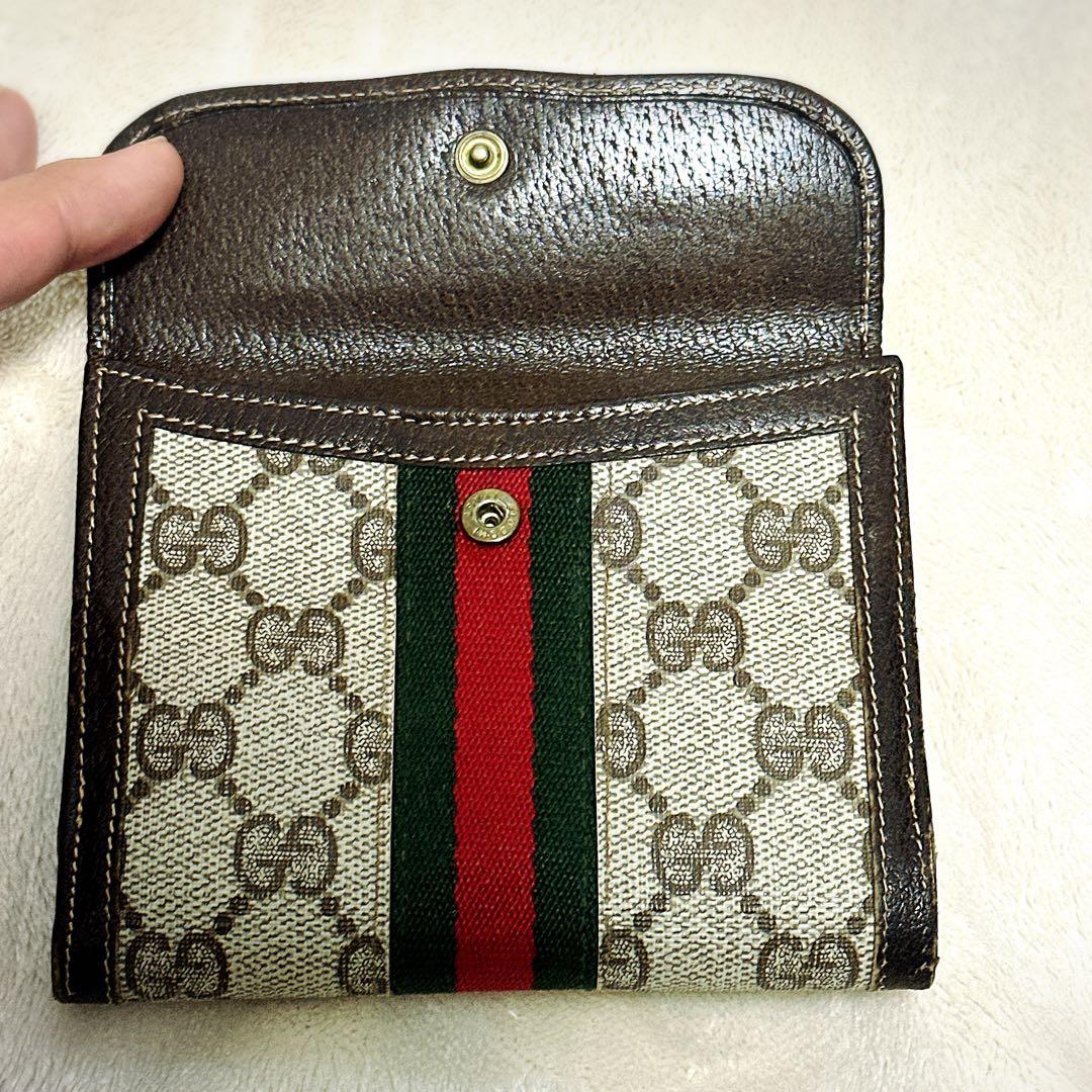希少 オールドグッチ 二つ折り財布 シェリーライン GGスプリーム アクセコ 茶