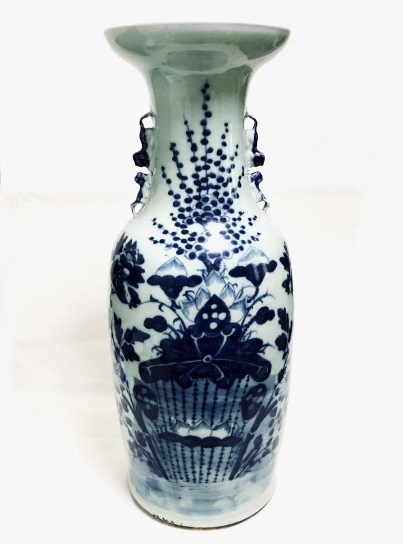 清時代中期 古染付 花紋様 大花瓶 伝世品焼物 青花 呉須 ウブ品WWTT194