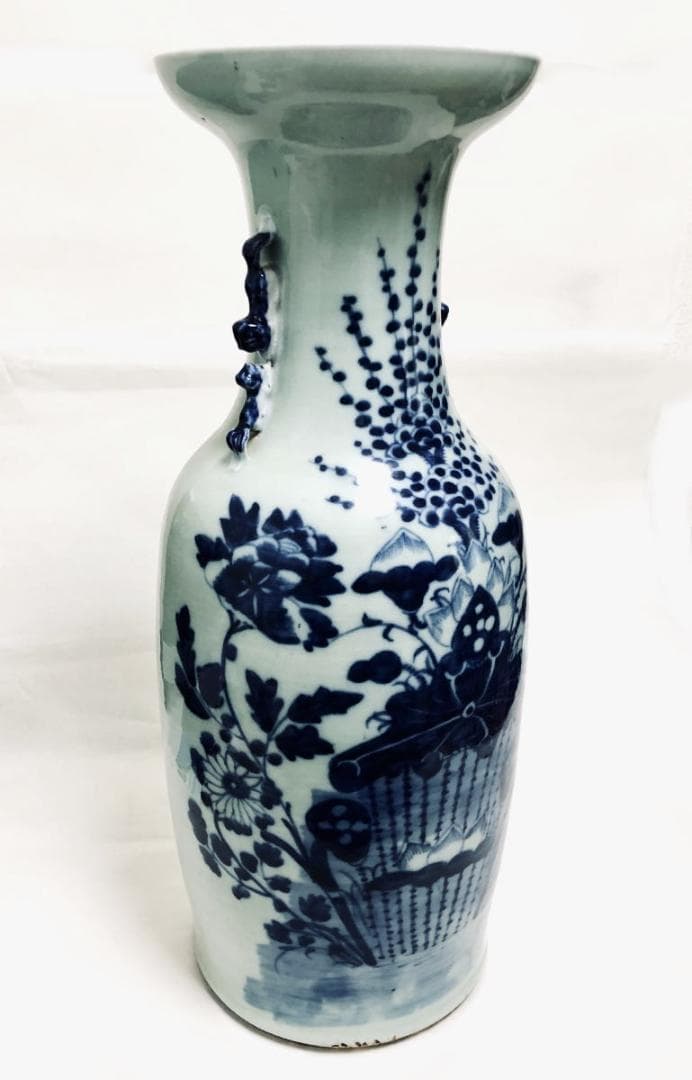 清時代中期 古染付 花紋様 大花瓶 伝世品焼物 青花 呉須 ウブ品WWTT194