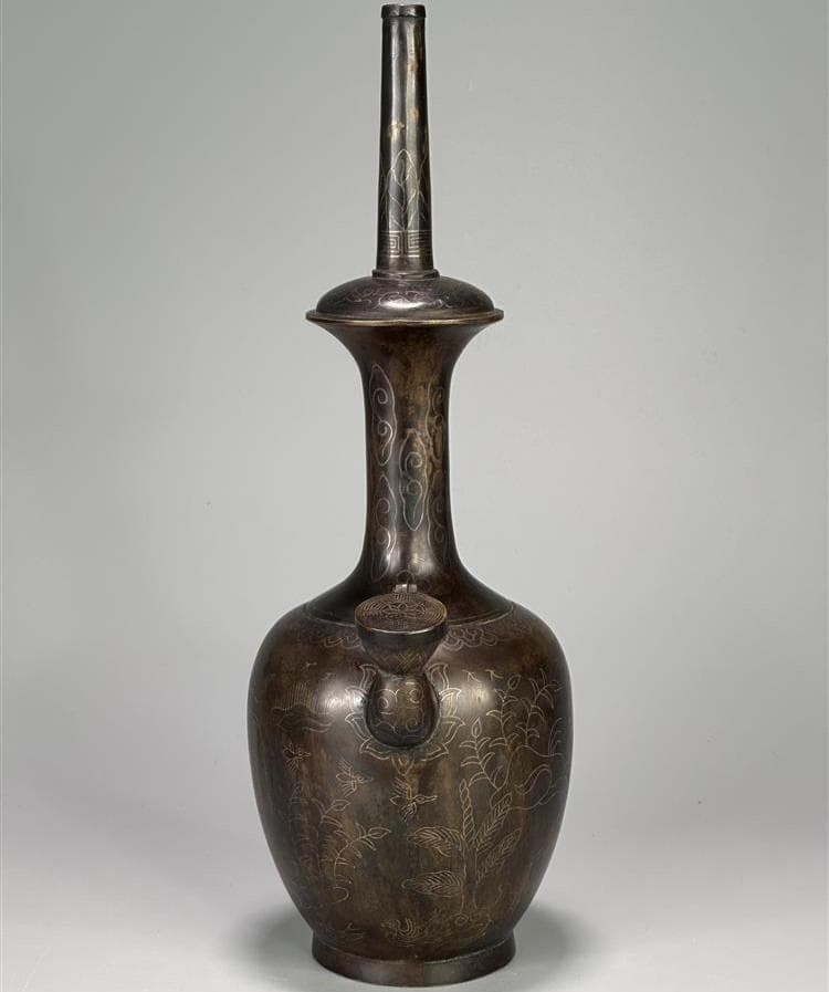 ◆『高麗金銅銀象嵌蒲柳水鳥紋浄瓶』 水瓶◆検）新羅仏 百済仏 高麗仏 仏像