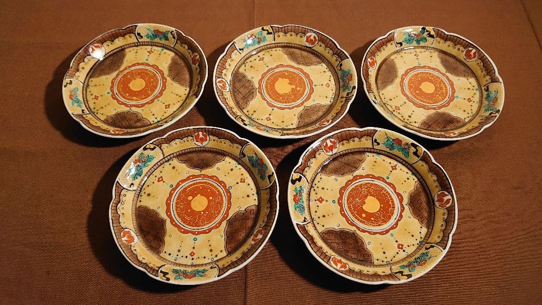 古九谷　九谷焼　青九谷　吉田屋　豆皿　蔵出し　輪華皿　華の図　５種　５客