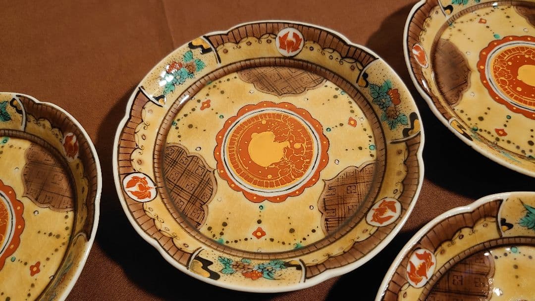 古九谷　九谷焼　青九谷　吉田屋　豆皿　蔵出し　輪華皿　華の図　５種　５客