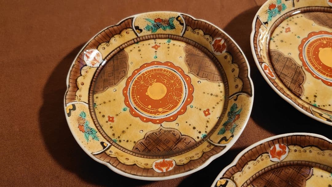 古九谷　九谷焼　青九谷　吉田屋　豆皿　蔵出し　輪華皿　華の図　５種　５客