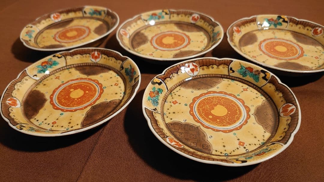 古九谷　九谷焼　青九谷　吉田屋　豆皿　蔵出し　輪華皿　華の図　５種　５客
