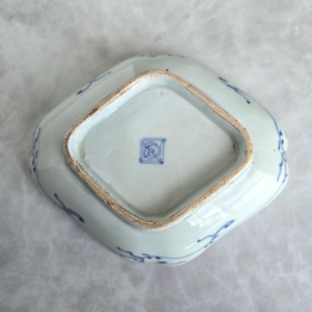 古伊万里　染付　変形皿　型紙摺　印判　龍　骨董　アンティーク　金直し　金継ぎ