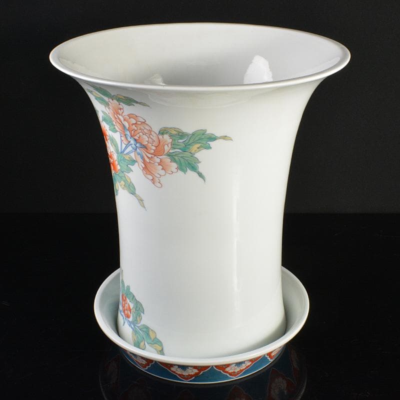 鍋島焼　色鍋島　七代　小笠原藤右衛門作　牡丹文　筒花瓶　共箱　M　R6701B