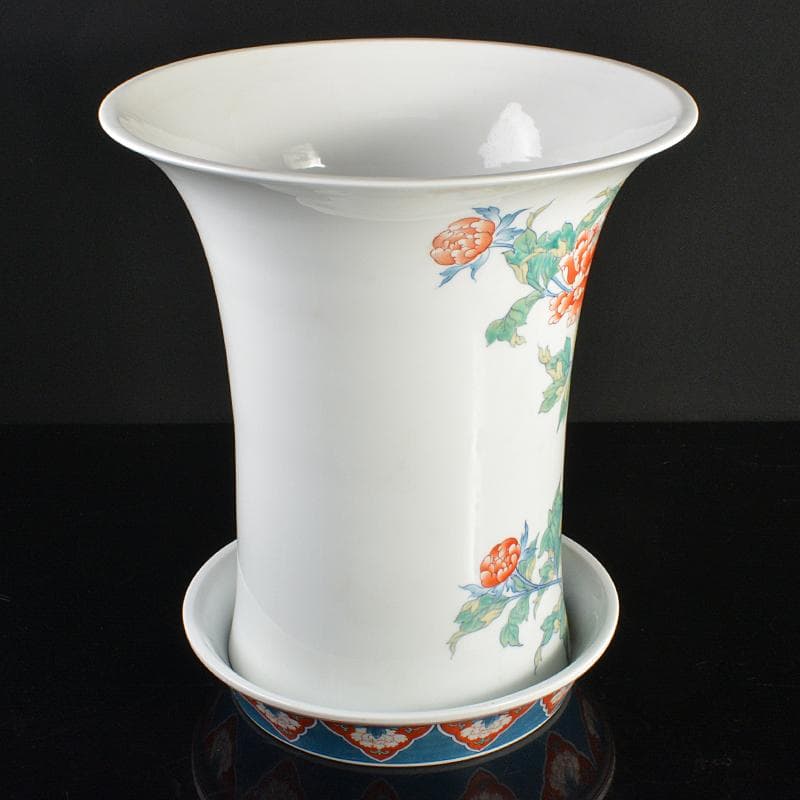 鍋島焼　色鍋島　七代　小笠原藤右衛門作　牡丹文　筒花瓶　共箱　M　R6701B